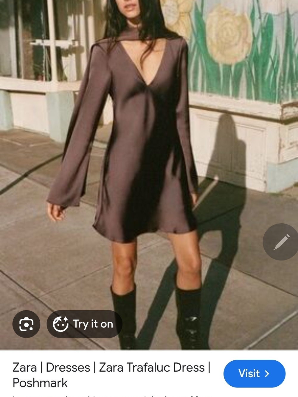 Zara V‑Neck Long Sleeve Mini Dress in Brown